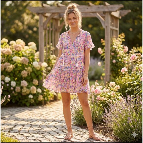 Sundance Dresses & Skirts - Sundance Pink Floral Ruffle Tiered Fairy Mini Dress M Preppy Girly Shabby Chic